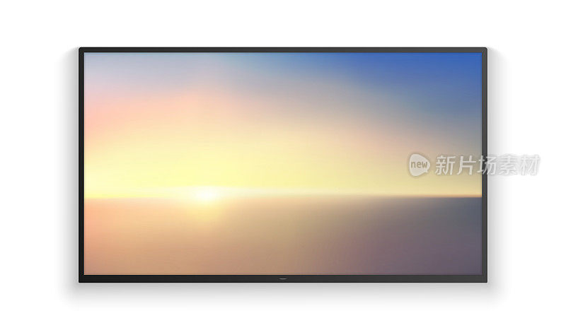 矢量现实广角智能高清电视在墙上。海上日出的蓝色空中全景图。Led 3d屏幕隔离在白色背景。日出水彩分级。